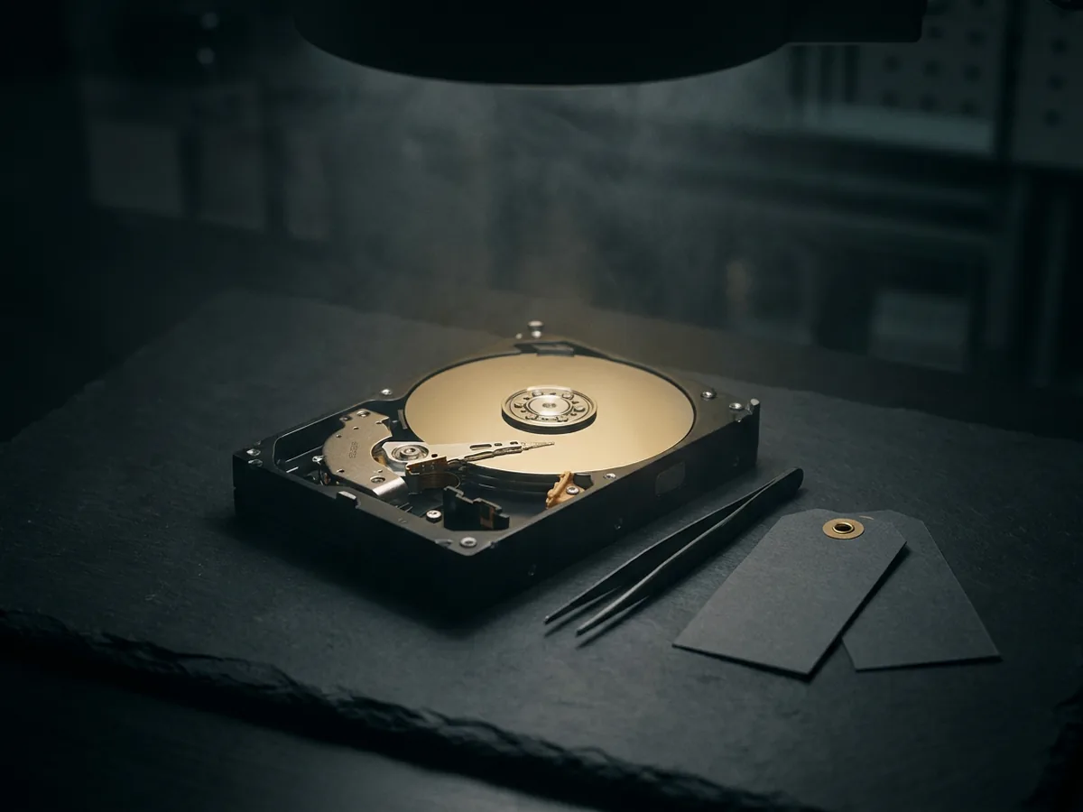 Opened hard drive under a gold-tinted inspection lamp on black slate, its platter reflecting the light