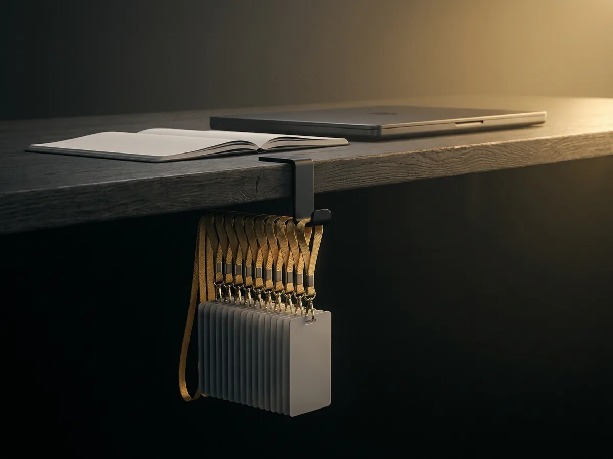 Blank access badges on gold lanyards hanging beside a laptop on a dark oak desk