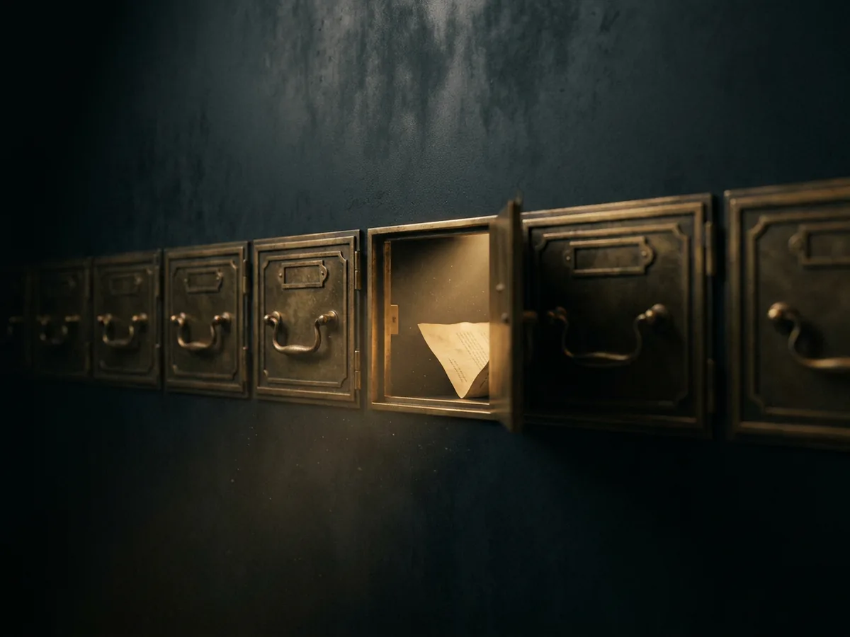 Row of brass safe-deposit boxes in a dark vault, one door ajar showing a single folded document