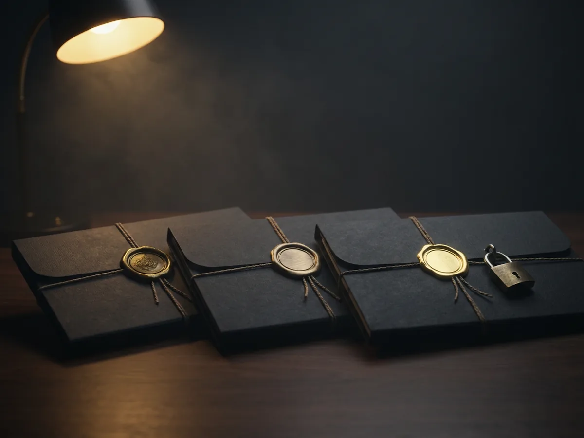Black archive folders sealed in different gold tones, one secured with a small brass lock