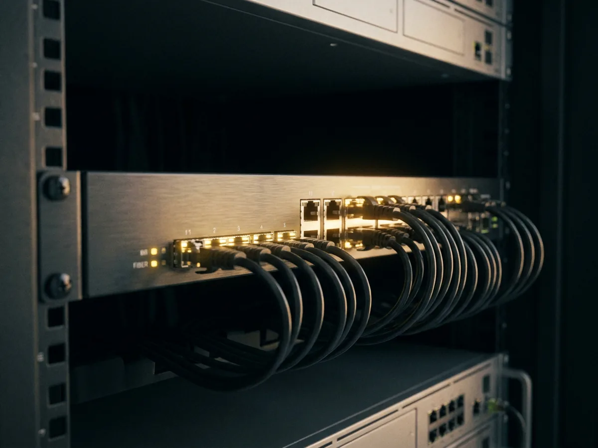Rack-mounted firewall appliance with gold-lit network ports and neatly routed patch cables