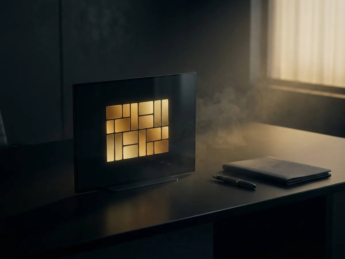 Dark boardroom table with an abstract gold risk heat-map on a glass display beside a fountain pen