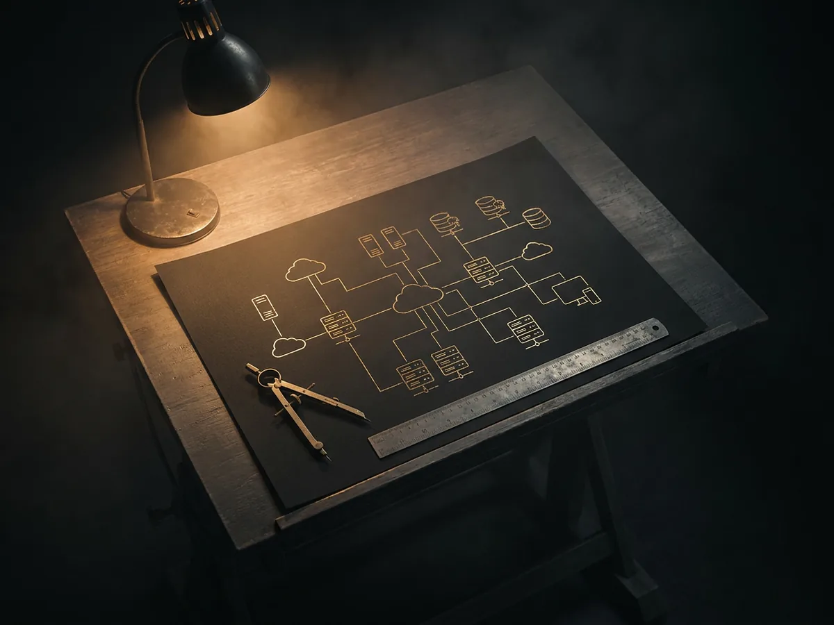Network topology drawn in gold lines on black drafting paper beside a brass compass and ruler