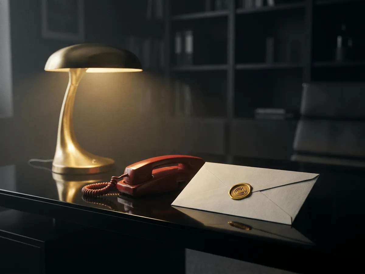 Emergency telephone handset beside a gold wax-sealed envelope on a dark desk under a single lamp