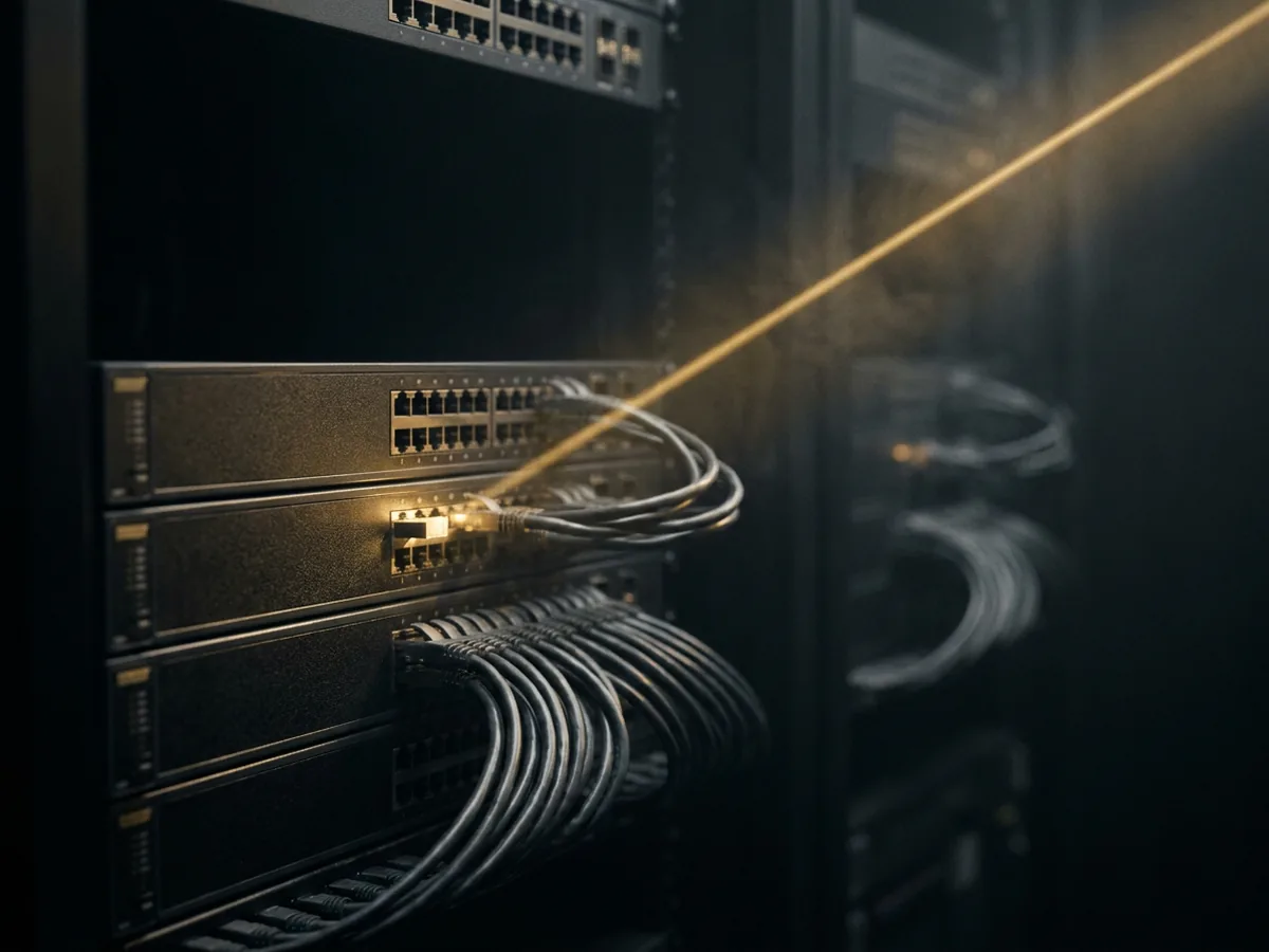 Network switches and patched cables in a dark server rack, crossed by a narrow beam of gold light