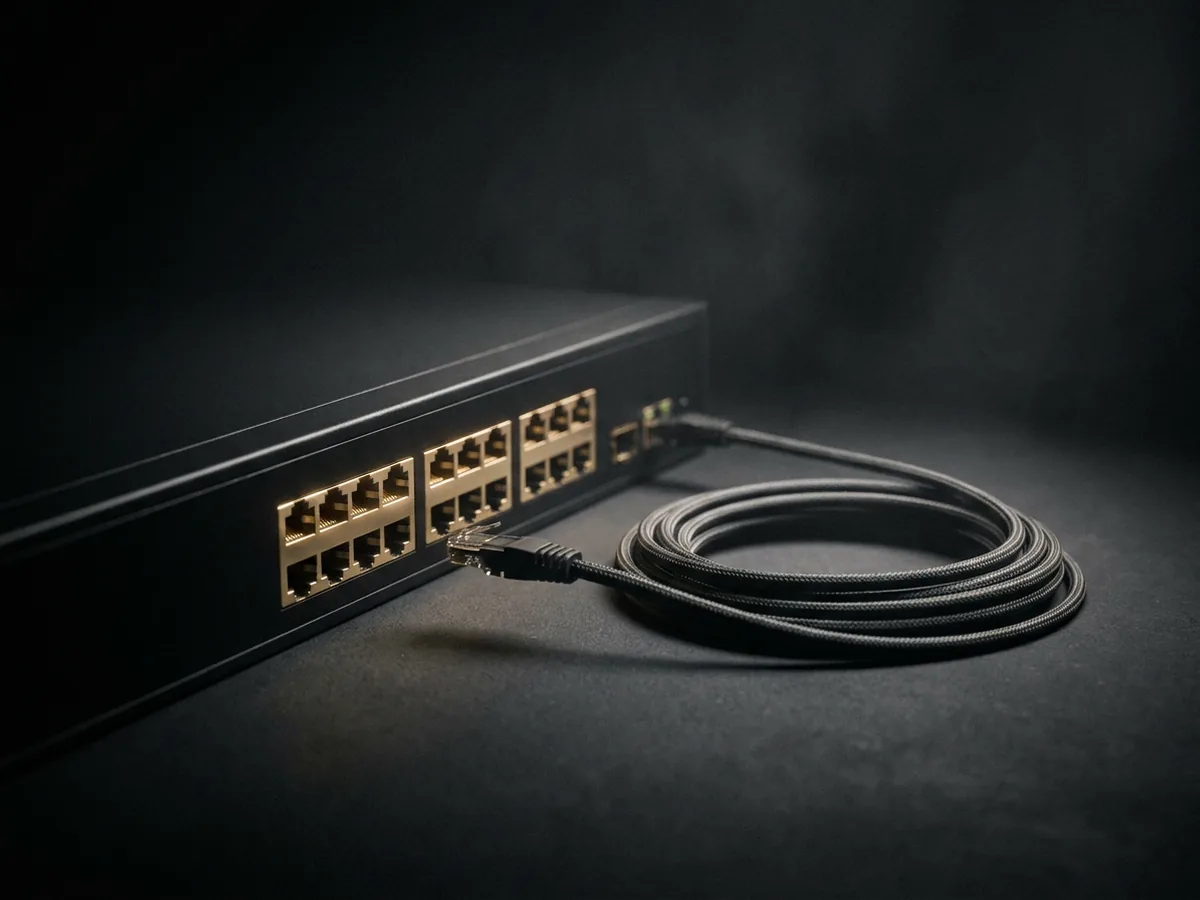 Black firewall appliance with gold-lit network ports and one coiled cable on a charcoal surface