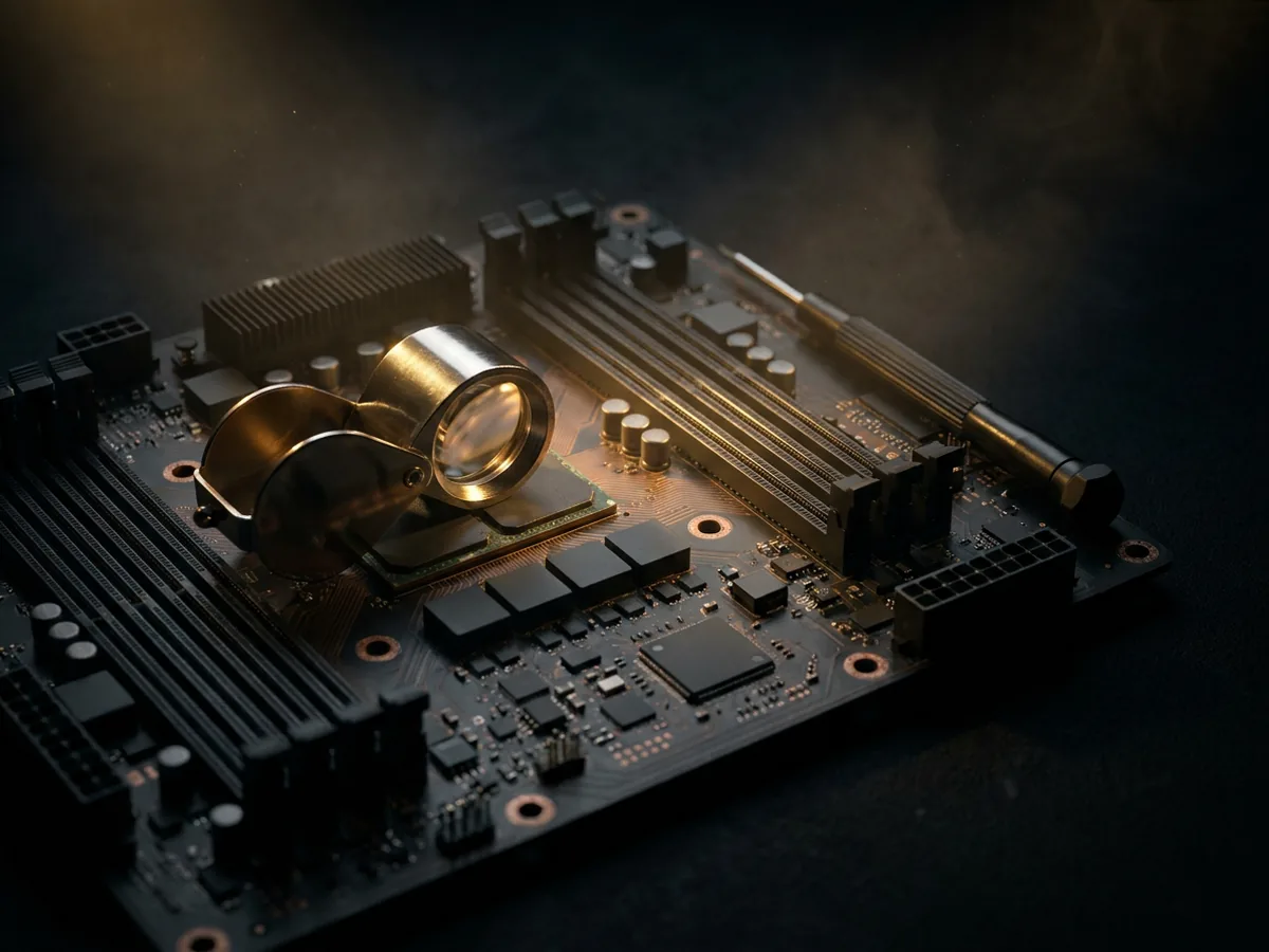 Server motherboard inspected under a brass jeweller's loupe in warm gold light