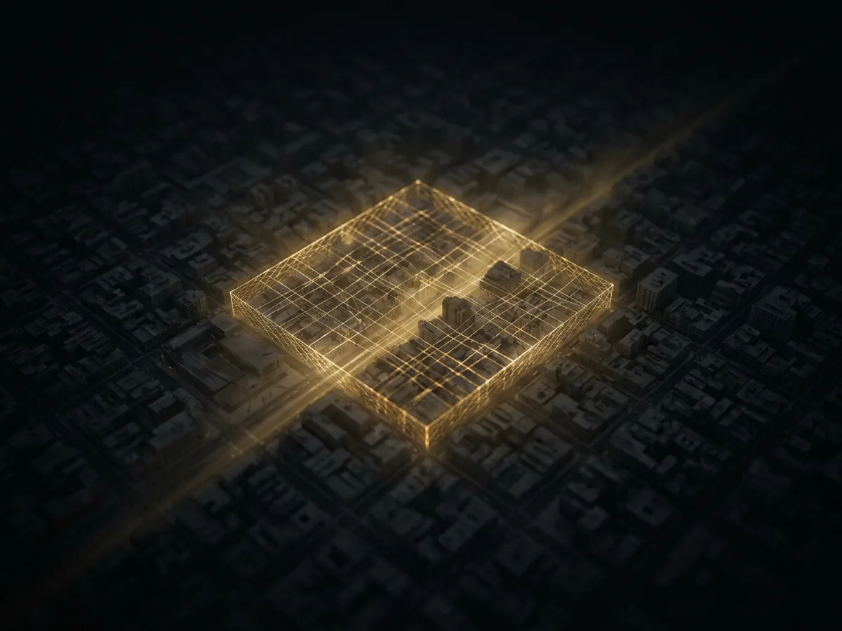 Night aerial view of a dark city with one district wrapped in a lattice of fine gold light