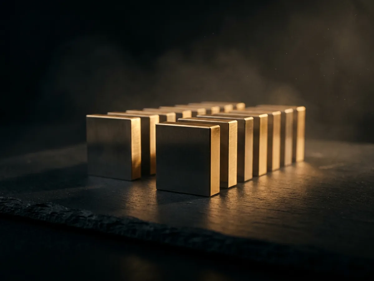 Row of precision steel gauge blocks with gold edges on black slate