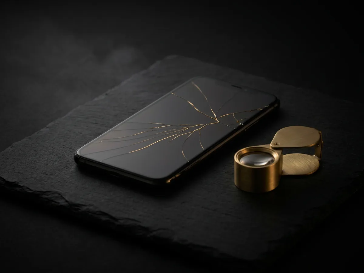 Smartphone on black slate with gold light glowing through hairline cracks in its glass