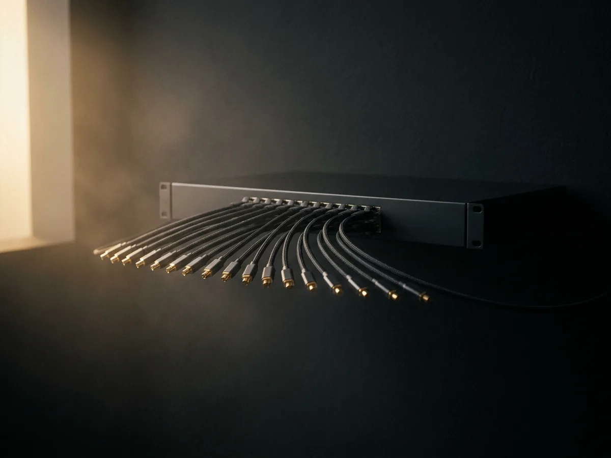 Patch cords with small gold connectors converging into a single matte black network appliance