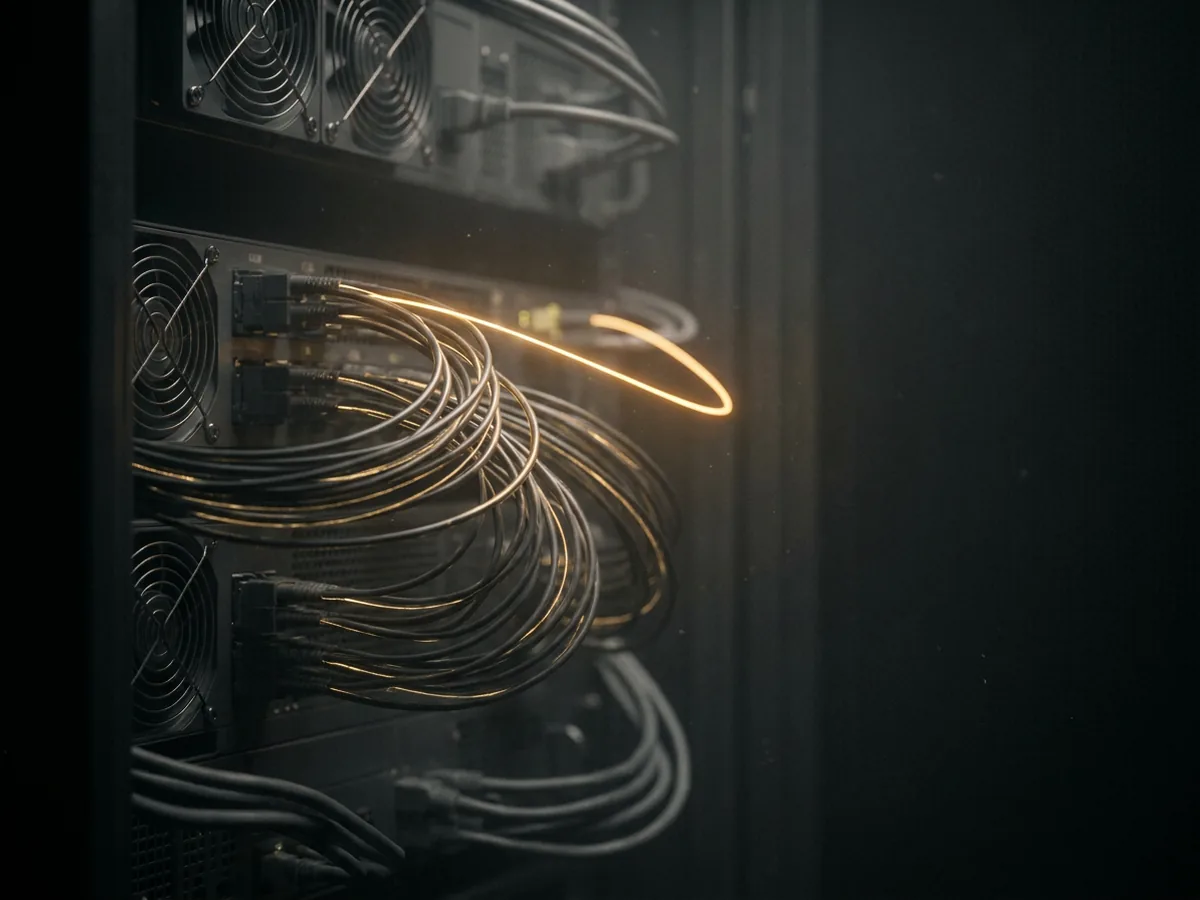 Fibre-optic cables in a dark server rack with one gold strand of network traffic highlighted