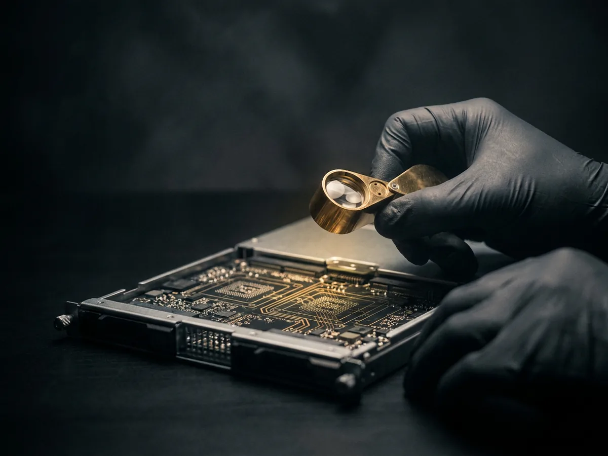 Jeweller's loupe inspecting an intact server blade under fine gold light on a dark workbench