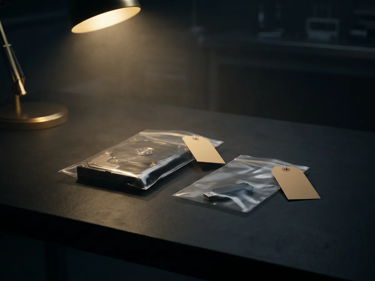 Hard drive and USB stick in evidence bags on a dark forensic workbench under a gold lamp