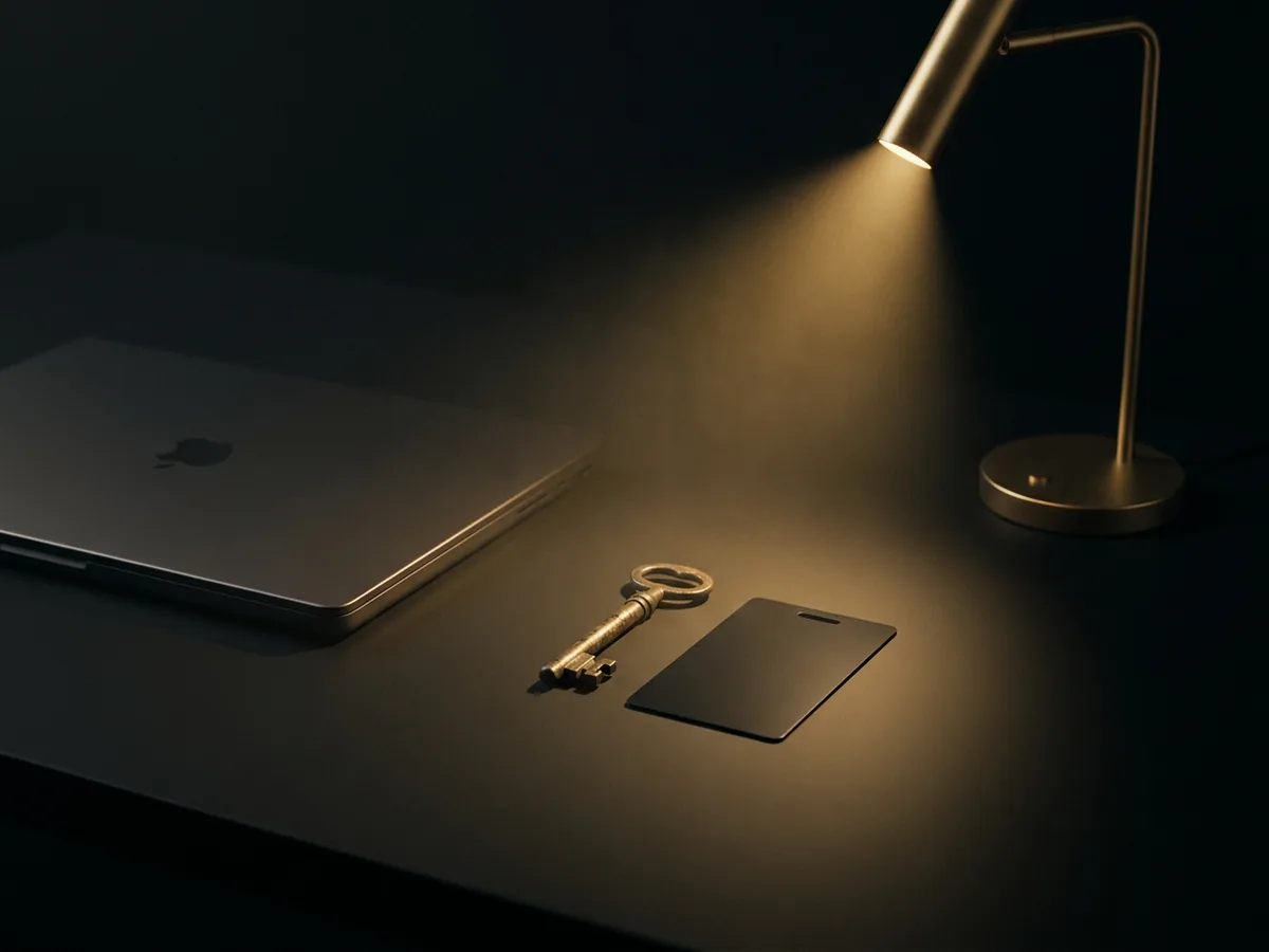 Access badge, brass key and closed laptop on a black desk at night under a narrow gold lamp