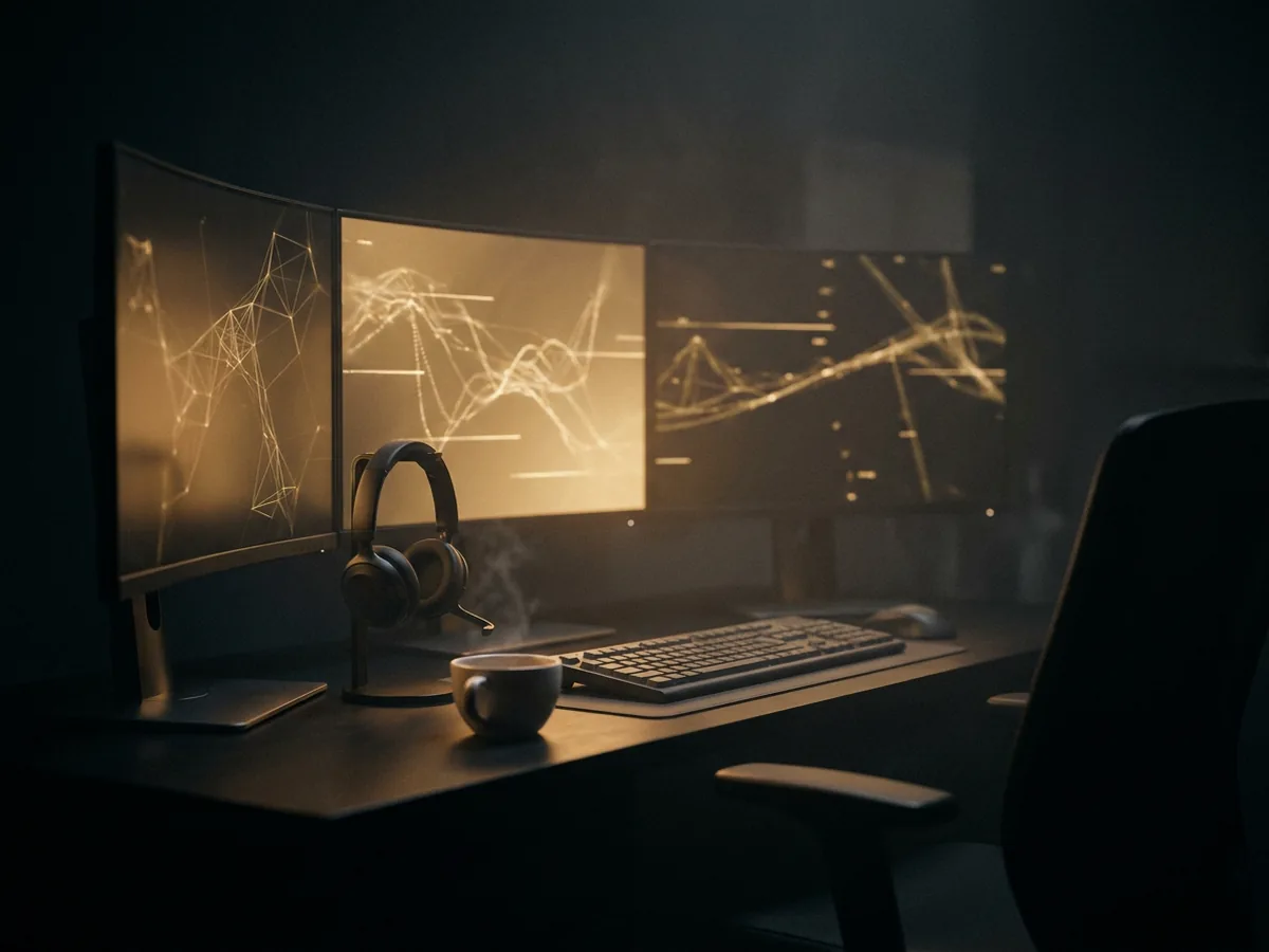 Night-time SOC desk with gold-lit monitors showing abstract network activity graphs