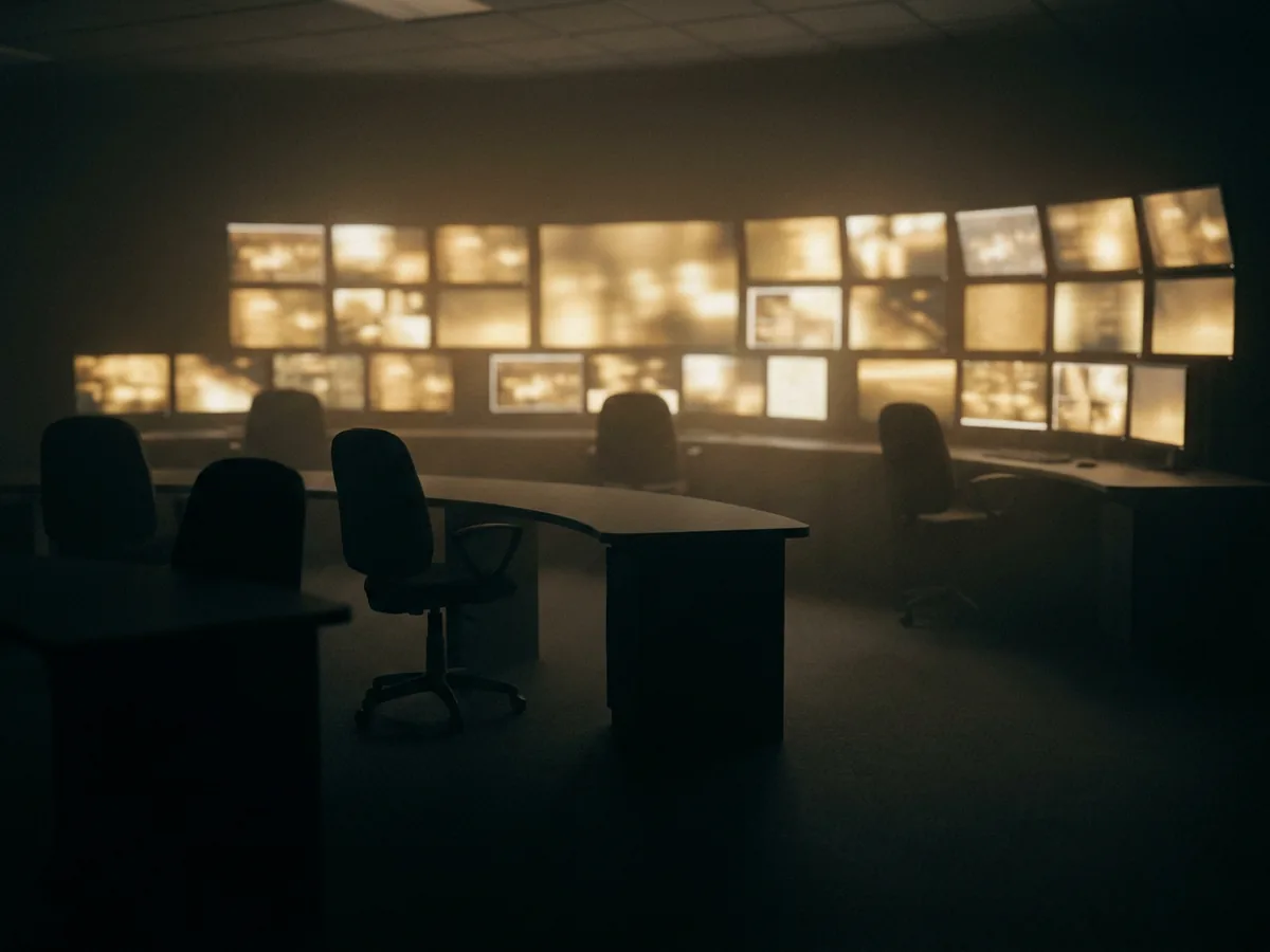 Darkened security operations room with empty curved desks facing a wall of dim amber screens