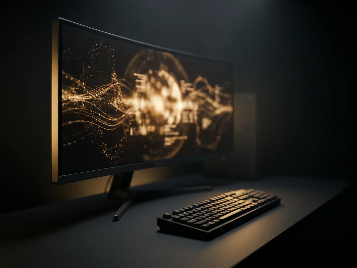 Curved monitor in a dark room showing gold event streams converging into a single point
