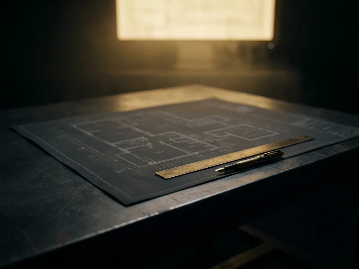 Operations room blueprint on a dark steel table held flat by a brass ruler and gold pen