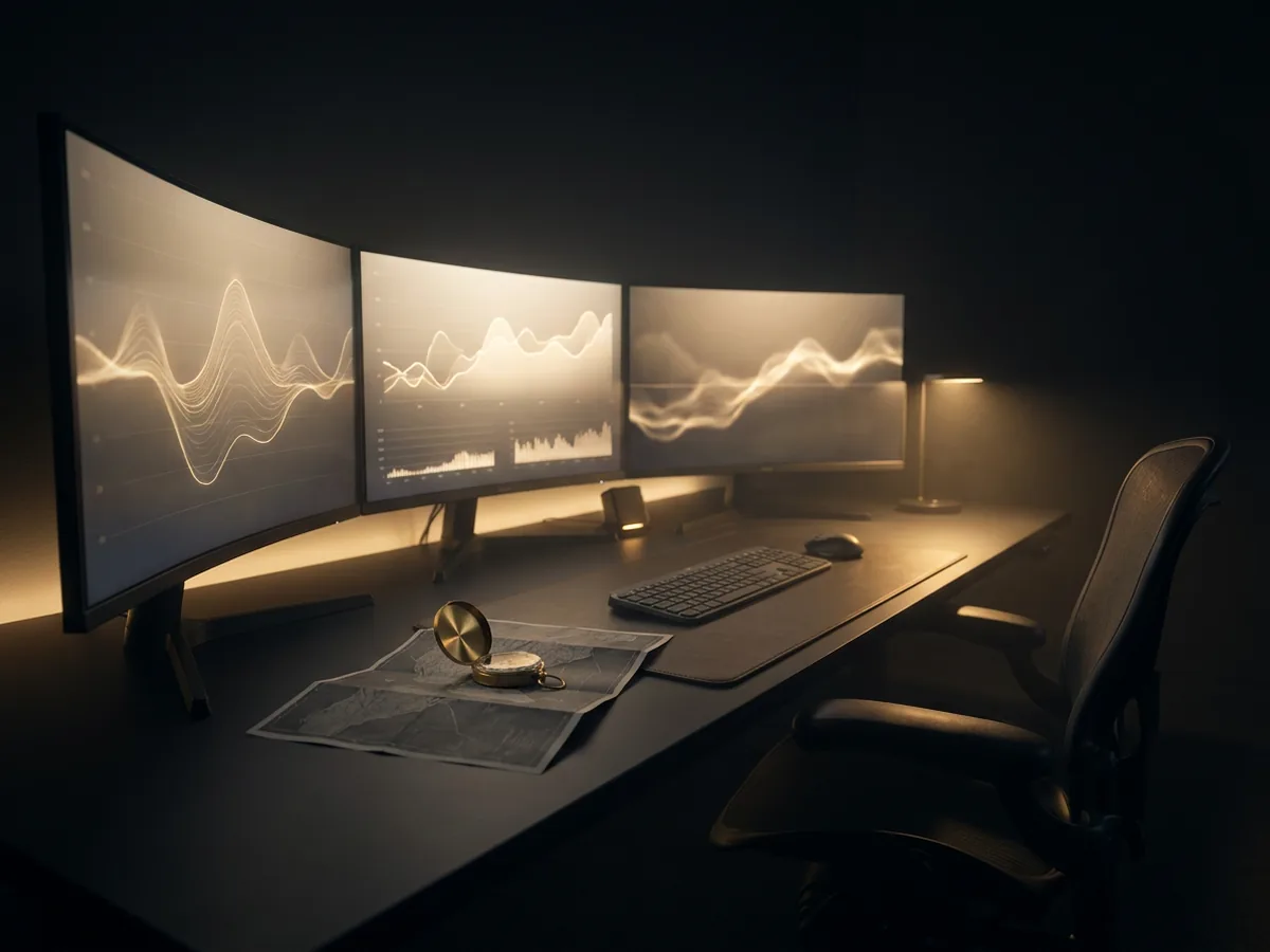 Dark analyst desk at night with a brass compass resting on a printed roadmap
