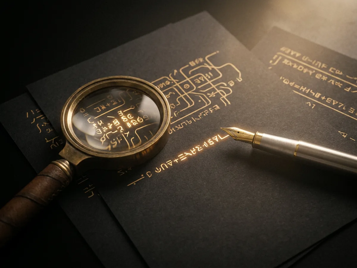Brass magnifying glass over black pages of abstract gold code lines, one line marked
