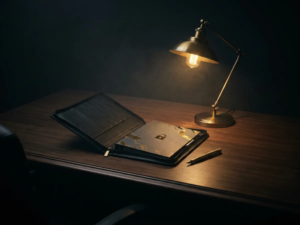 Open black leather portfolio with a gold-foiled binder and brass pen on a dark walnut desk under a lamp