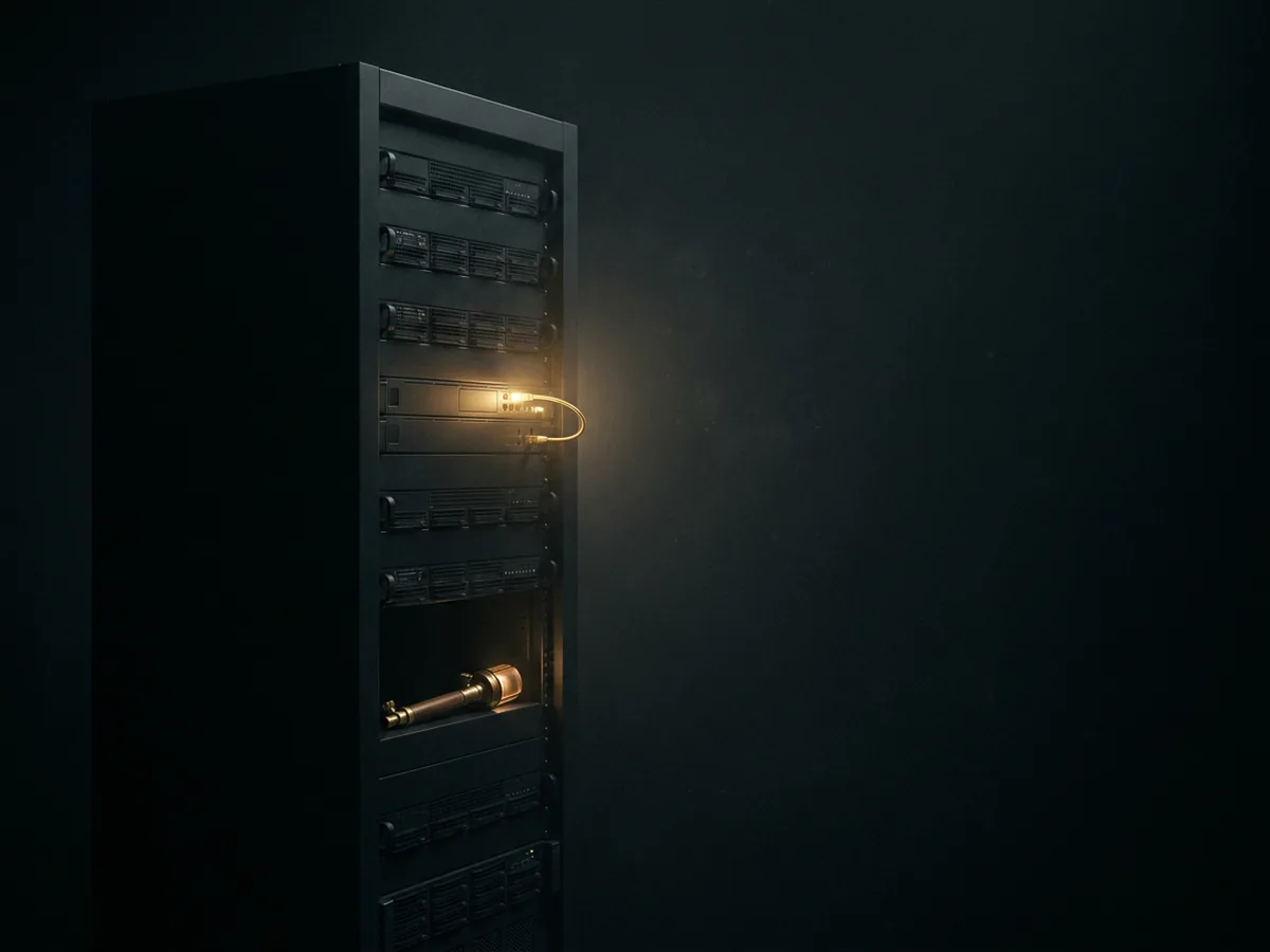 Black server rack in a dark data hall with one gold-lit patch cable and a brass torch on the shelf
