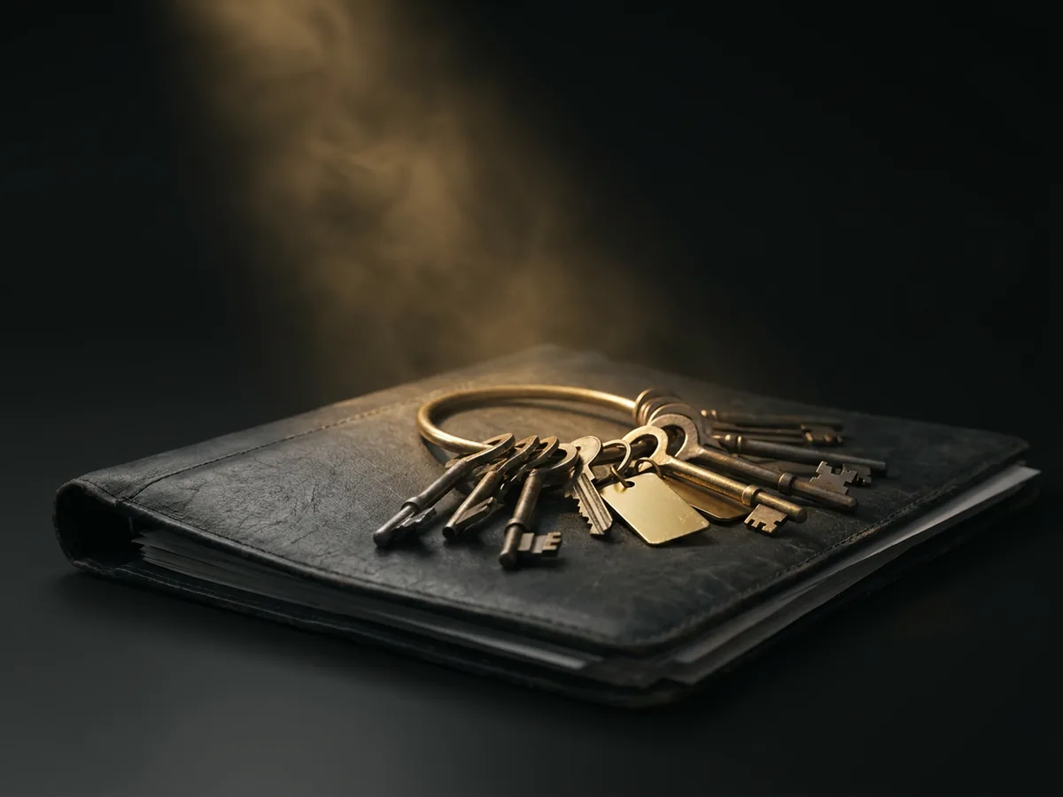 Brass key ring with tagged keys resting on a dark leather contract folder