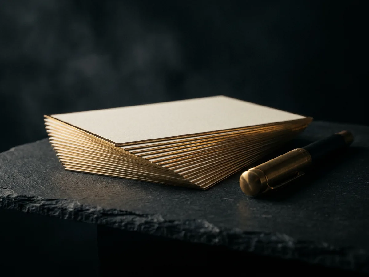 Blank certificate cards with gold foil edges and a fountain pen on black slate