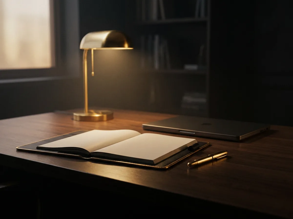 Open leather planner with a gold fountain pen beside a slim laptop on a dark desk