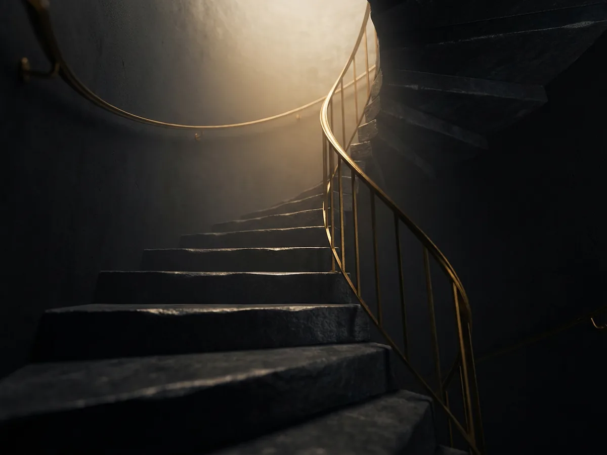 Dark stone spiral staircase rising toward a warm gold light