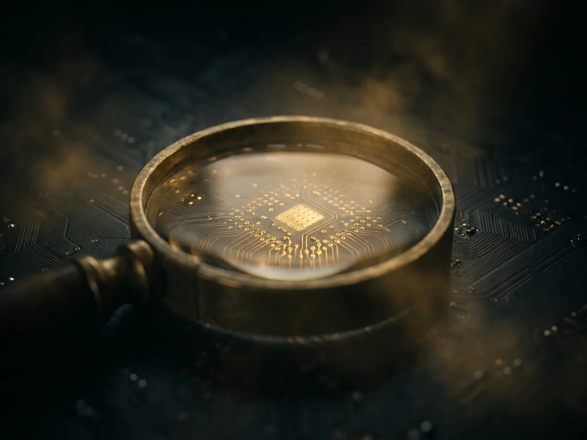Magnifying lens resting on a dark circuit board, gold light picking out solder points beneath the glass