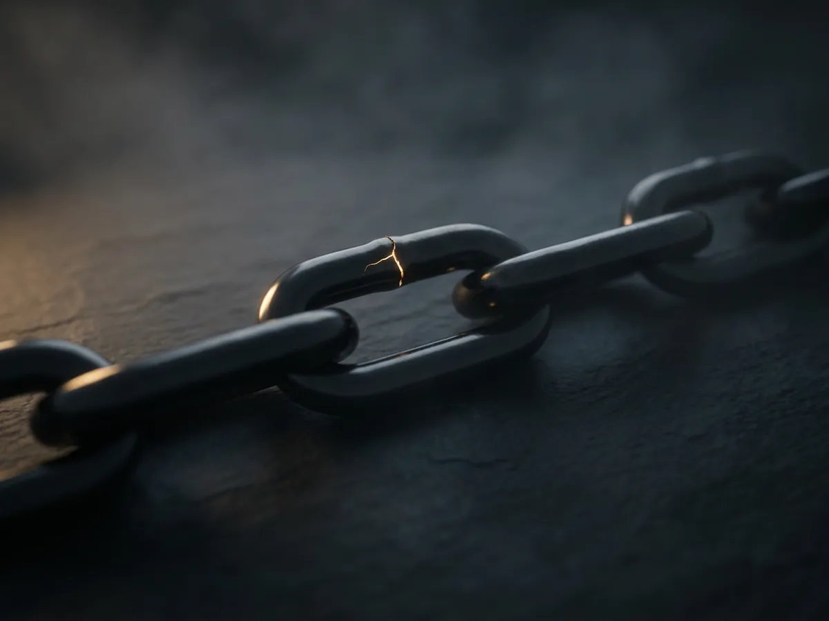 Black steel chain on dark slate with a single link showing a fine gold-lit crack