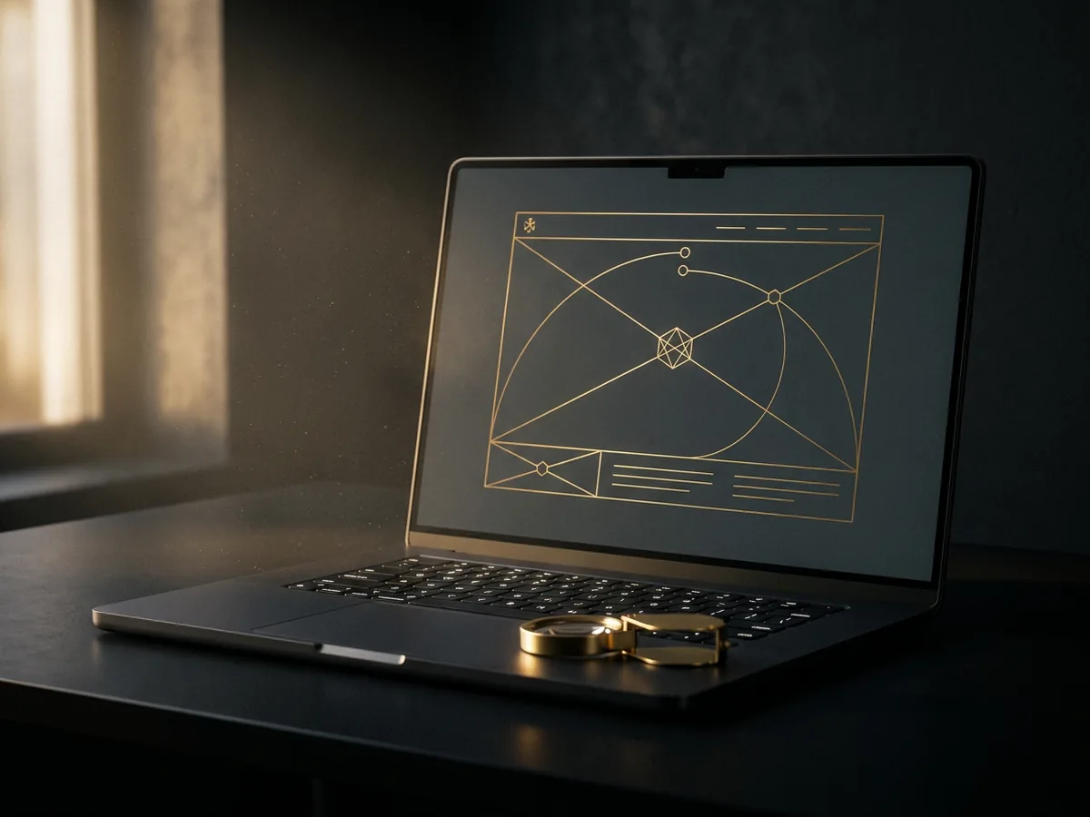 Laptop showing a gold wireframe of a web page with a precision loupe resting on the keyboard