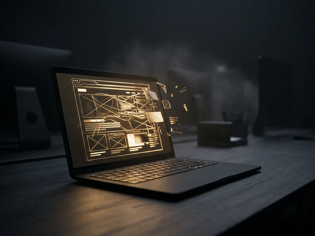 Laptop in a dark room showing a gold wireframe web page splitting into fragments