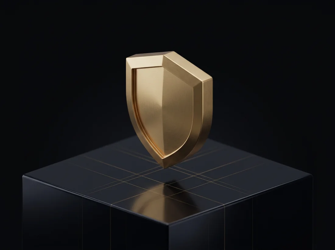 Gold isometric shield on a dark plinth, representing cybersecurity consulting